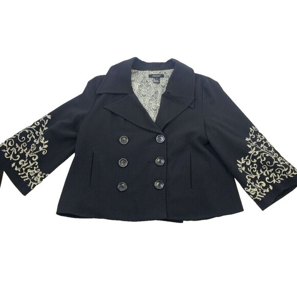 Karen Kane Embroidered Blazer Black Double Breasted Button Flare Womens Medium - Picture 1 of 12